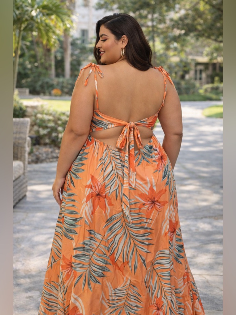Plus Size Orange Tropical Tie-Front Maxi Dress - Picture 2 of 3